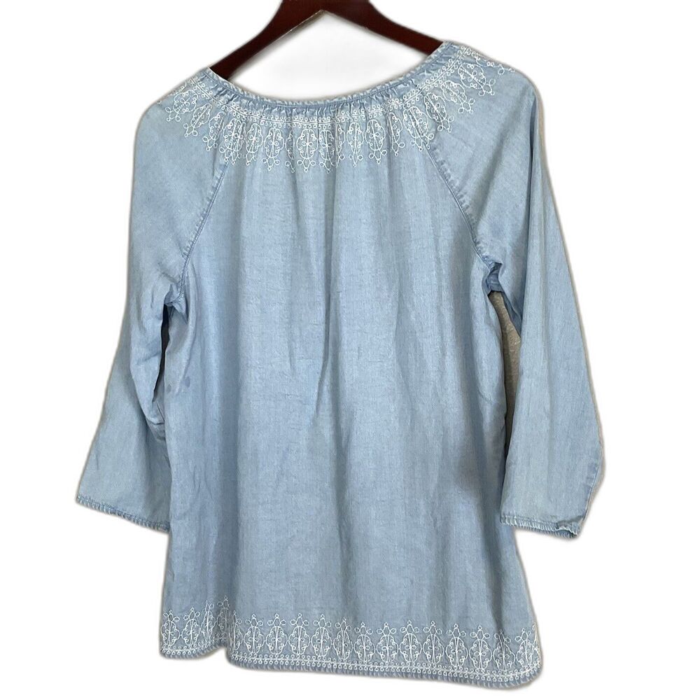 J Jill Denim Womens Chambray Embroidered Top Size M Blue Long Sleeve Tassel Boho - Picture 4 of 10